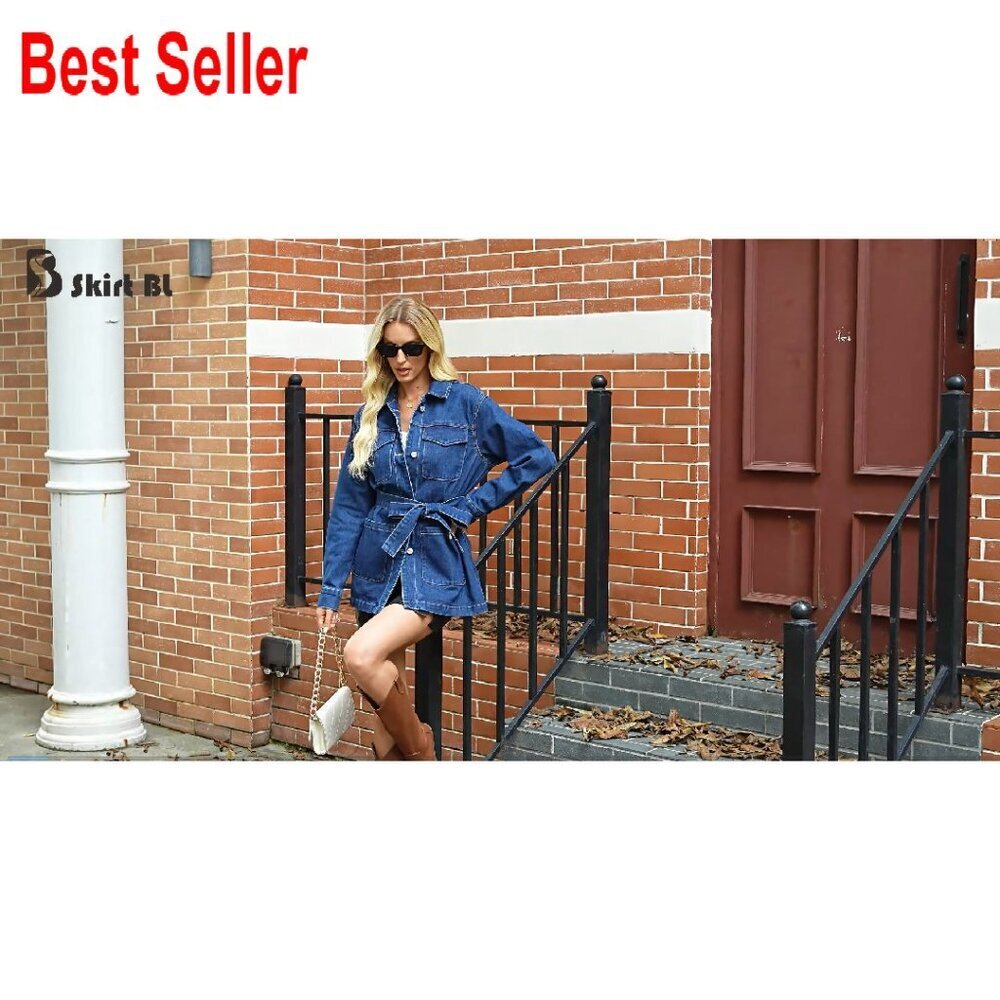 Oversized Denim Jacket Mid Long Classic Chic Trendy With Belt Pockets - Picture 7 of 7
